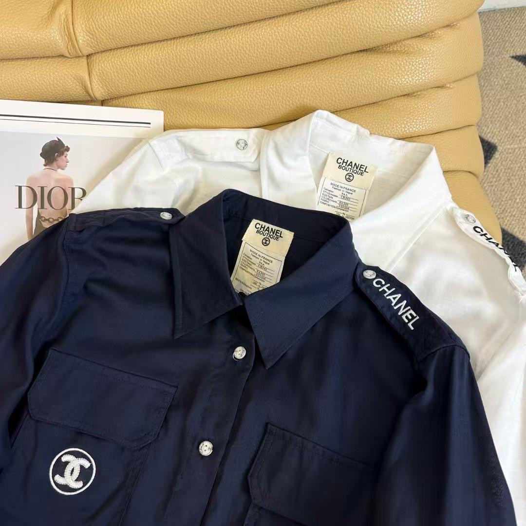 Chanel - Ensemble Chemise à manche longue + Short Bleu Marine / Blanc