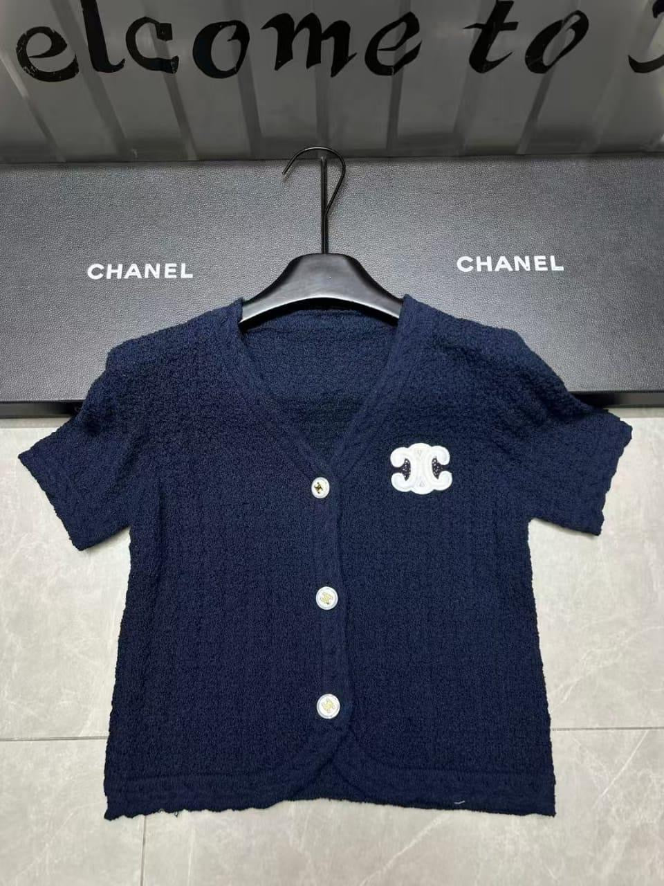 Celine - T-shirt à bouton orné du logo CC Bleu Marine/Blanc