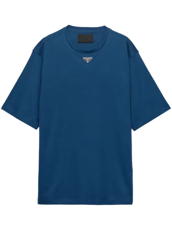 Prada - T-shirt en coton à logo triangulaire Bleu