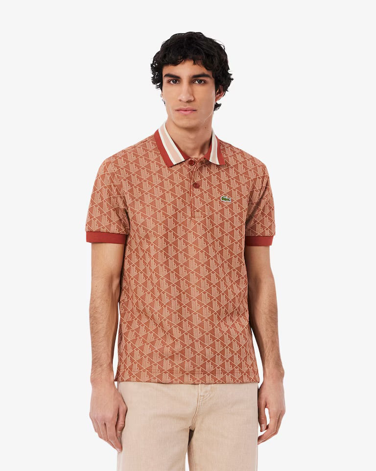 Lacoste - Polo classic fit jacquard monogramme Marron Beige