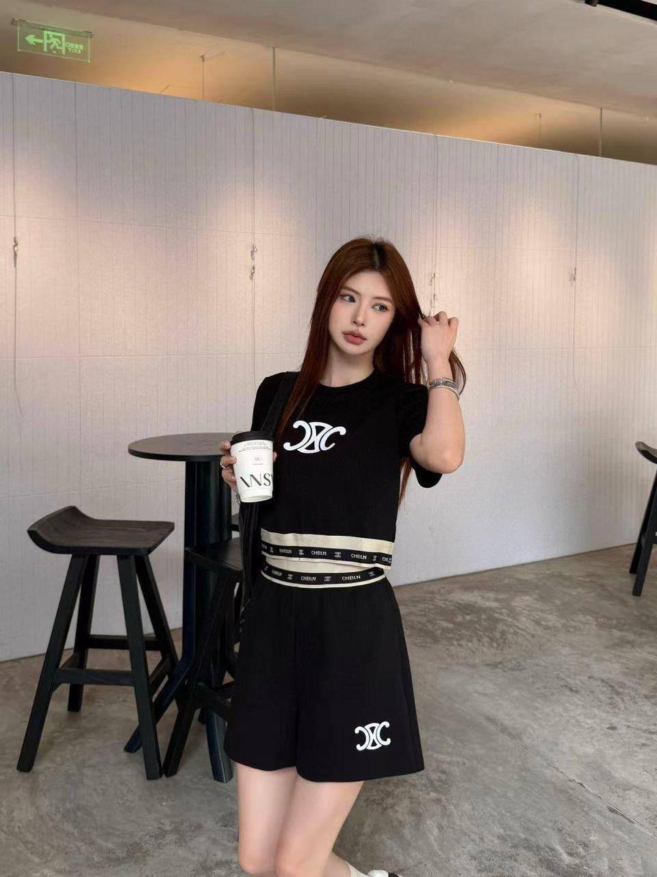 Celine - Ensemble Haut & Bas Logo Céline imprimé Noir & Blanc