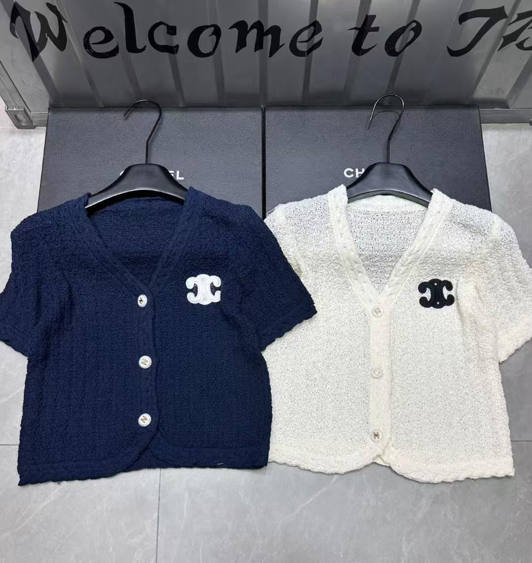 Celine - T-shirt à bouton orné du logo CC Bleu Marine/Blanc
