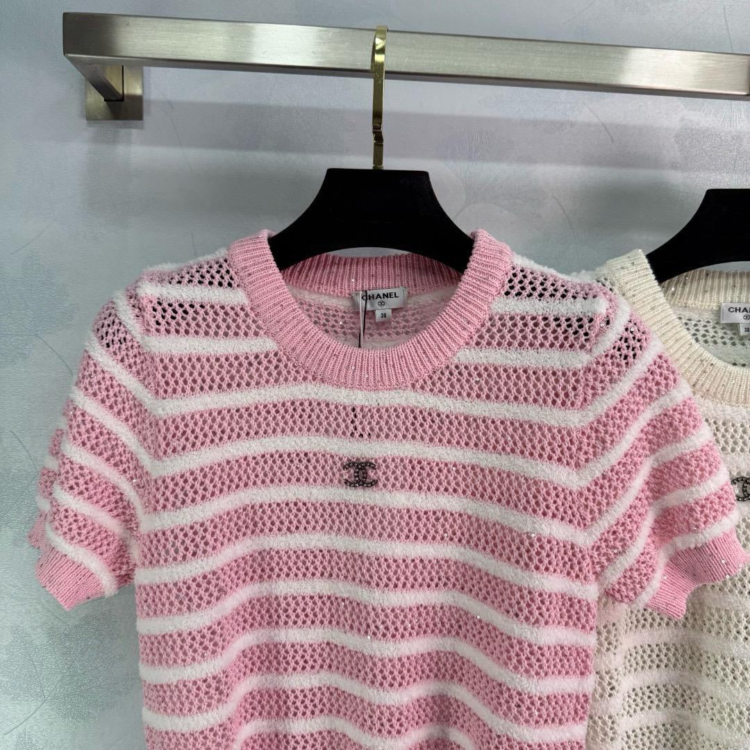 Chanel - T-Shirt à rayure Rose/Blanc/Noir