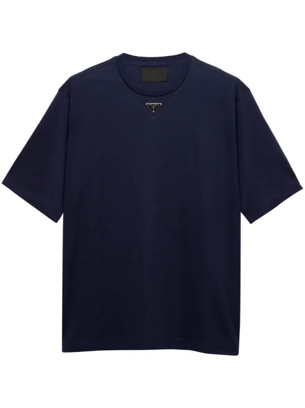 Prada - T-shirt en coton à logo émaillé Bleu Marine