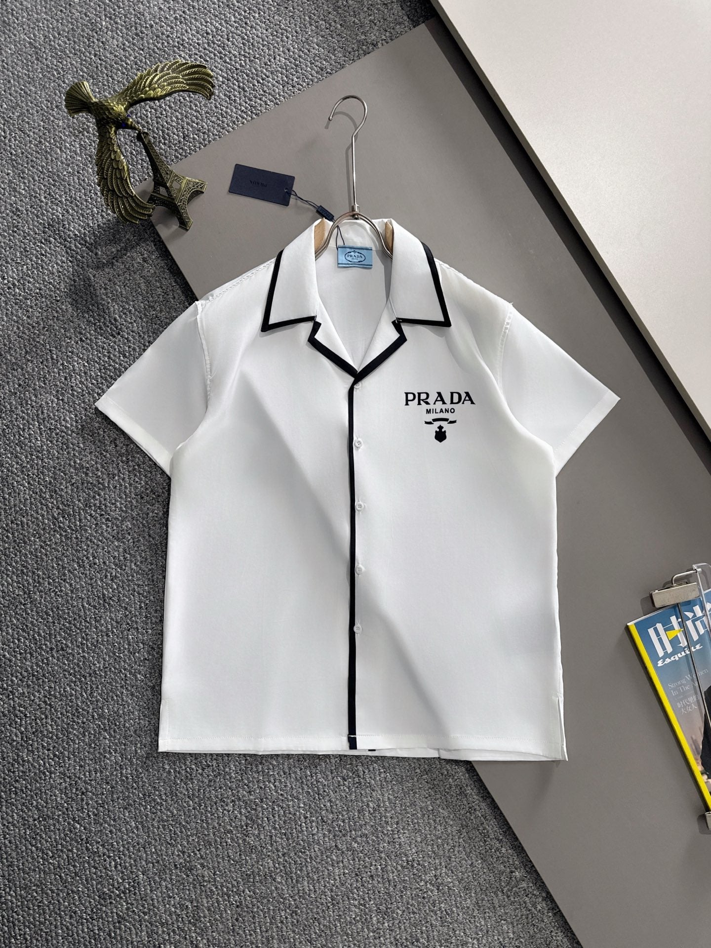 Prada - Chemise en soie à logo brodé Blanc