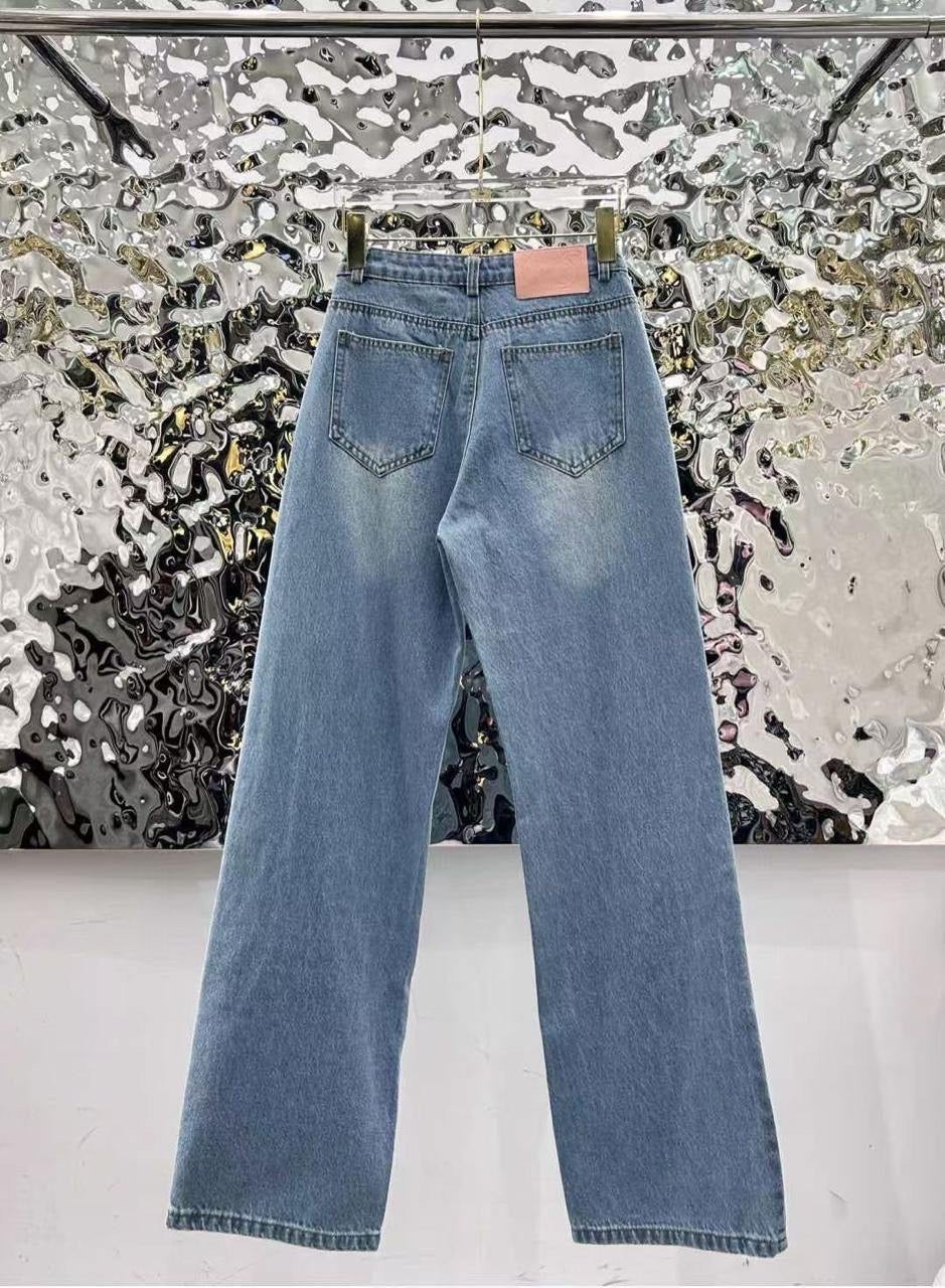 Chanel - Jeans avec logo rose et étoiles Bleu Clair