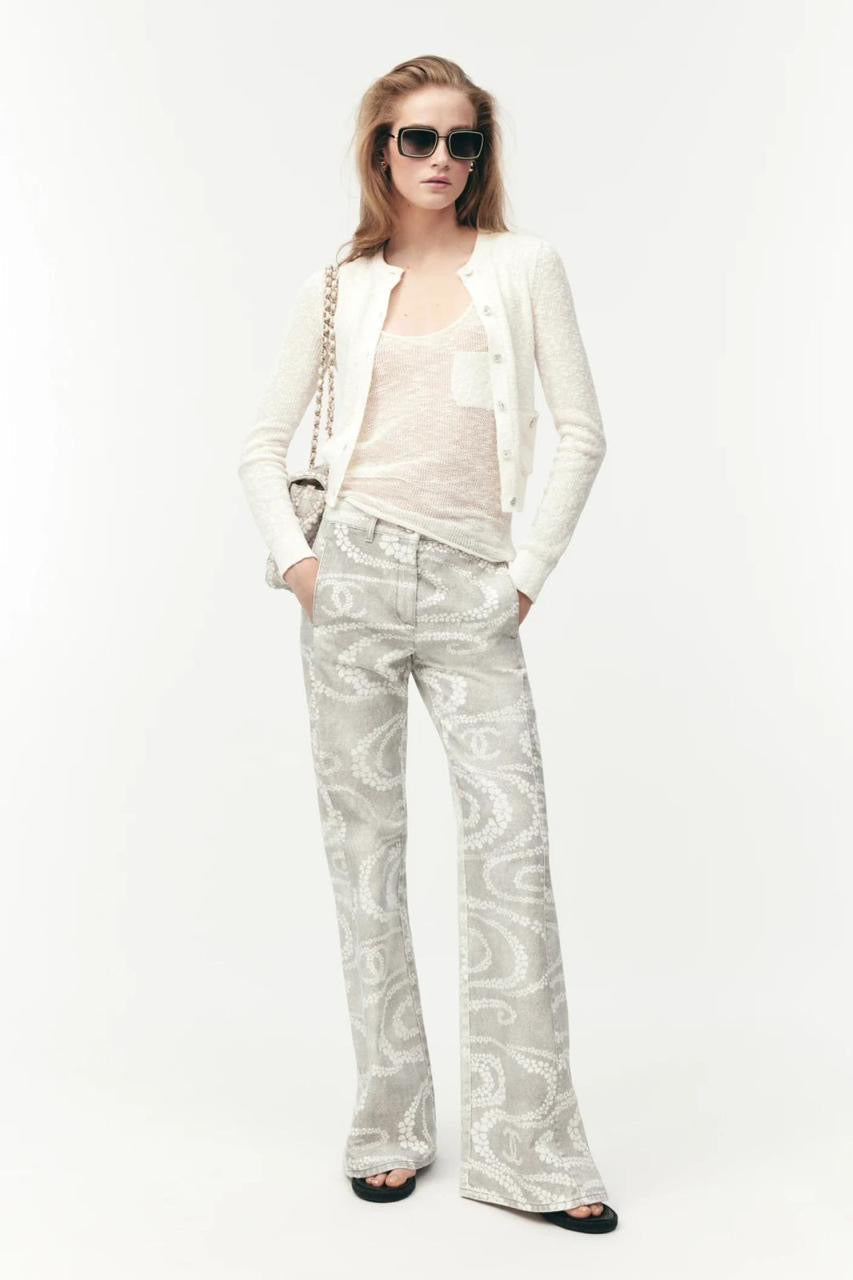 Chanel - Pantalon motifs spirale et floraux Blanc/Rose/Gris