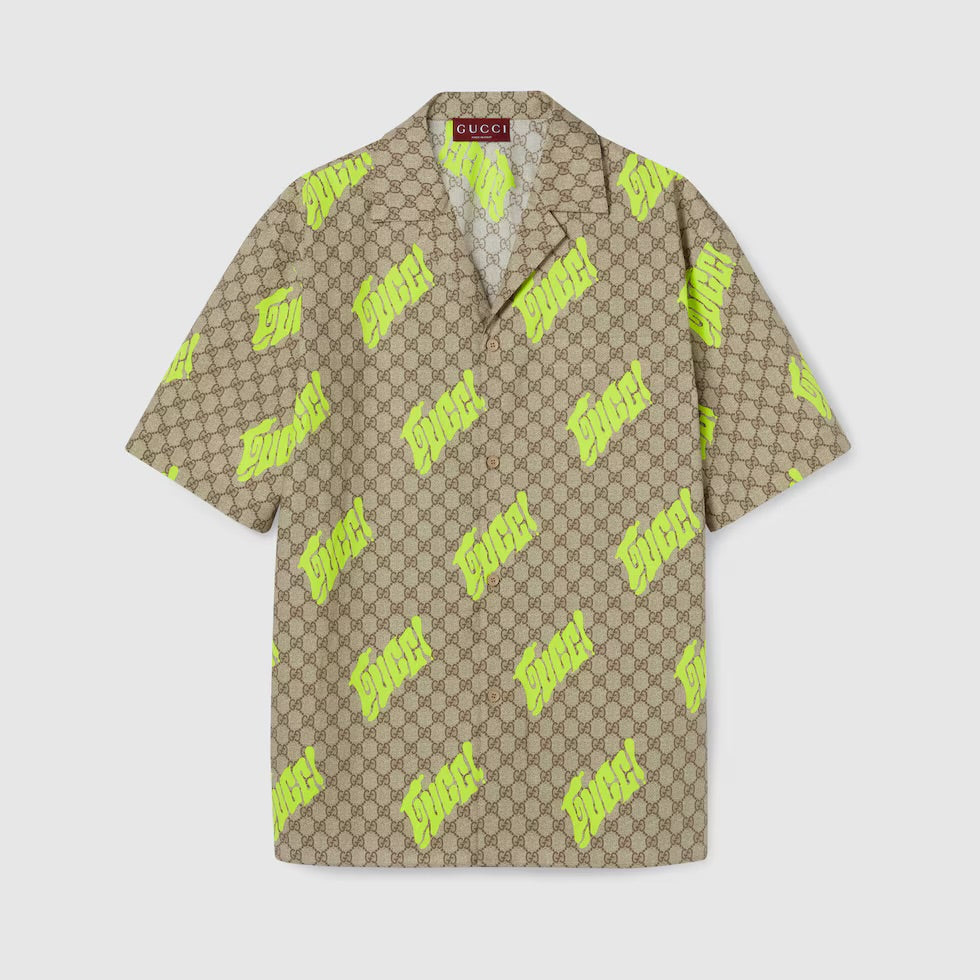 Gucci - Chemise de Bowling en twill de soie imprimé Beige/Marron/Vert clair
