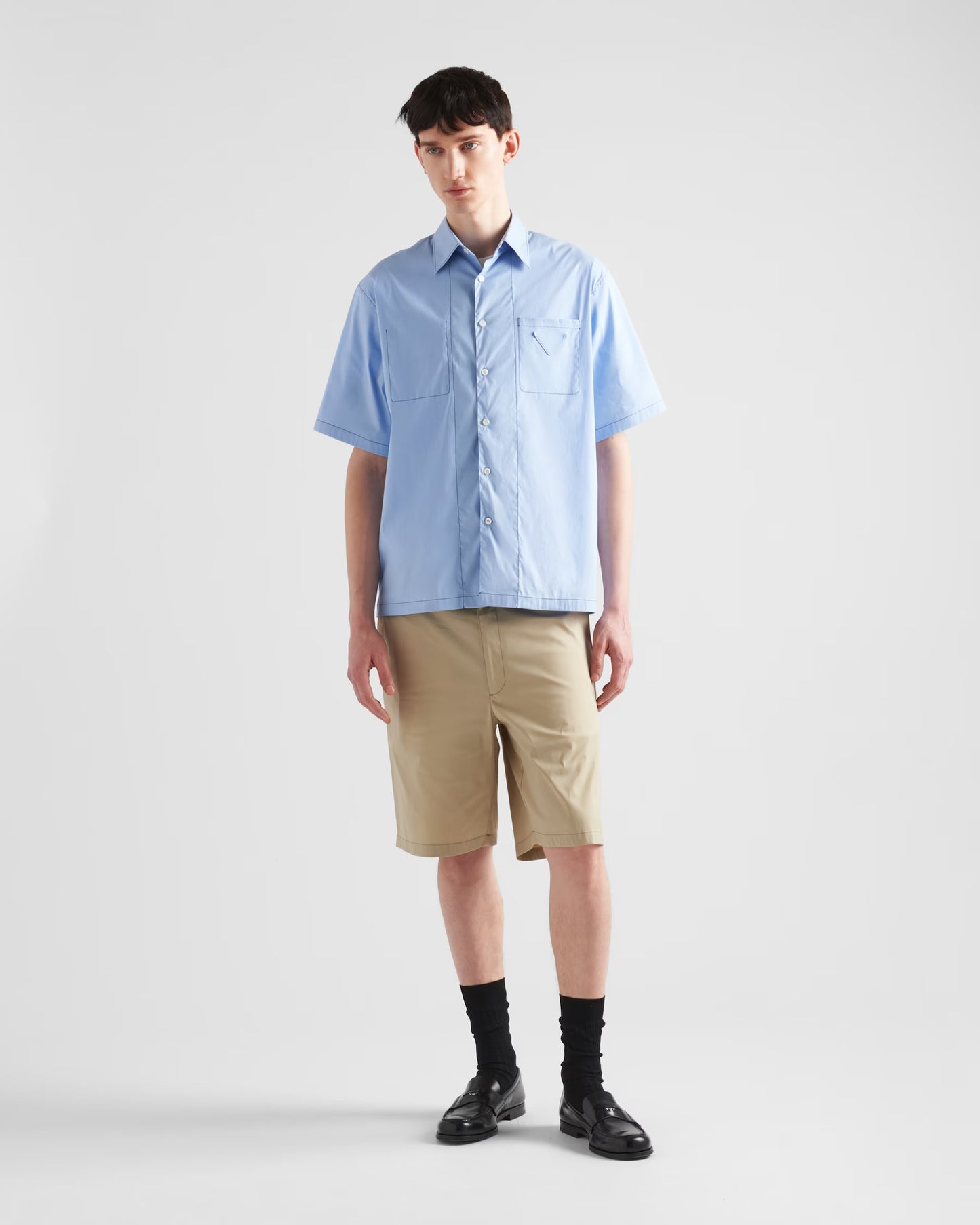 Prada - Chemise à manches courtes en coton stretch Bleu Ciel