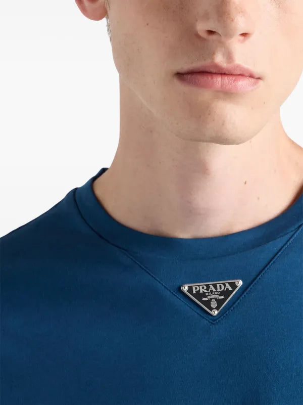 Prada - T-shirt en coton à logo triangulaire Bleu