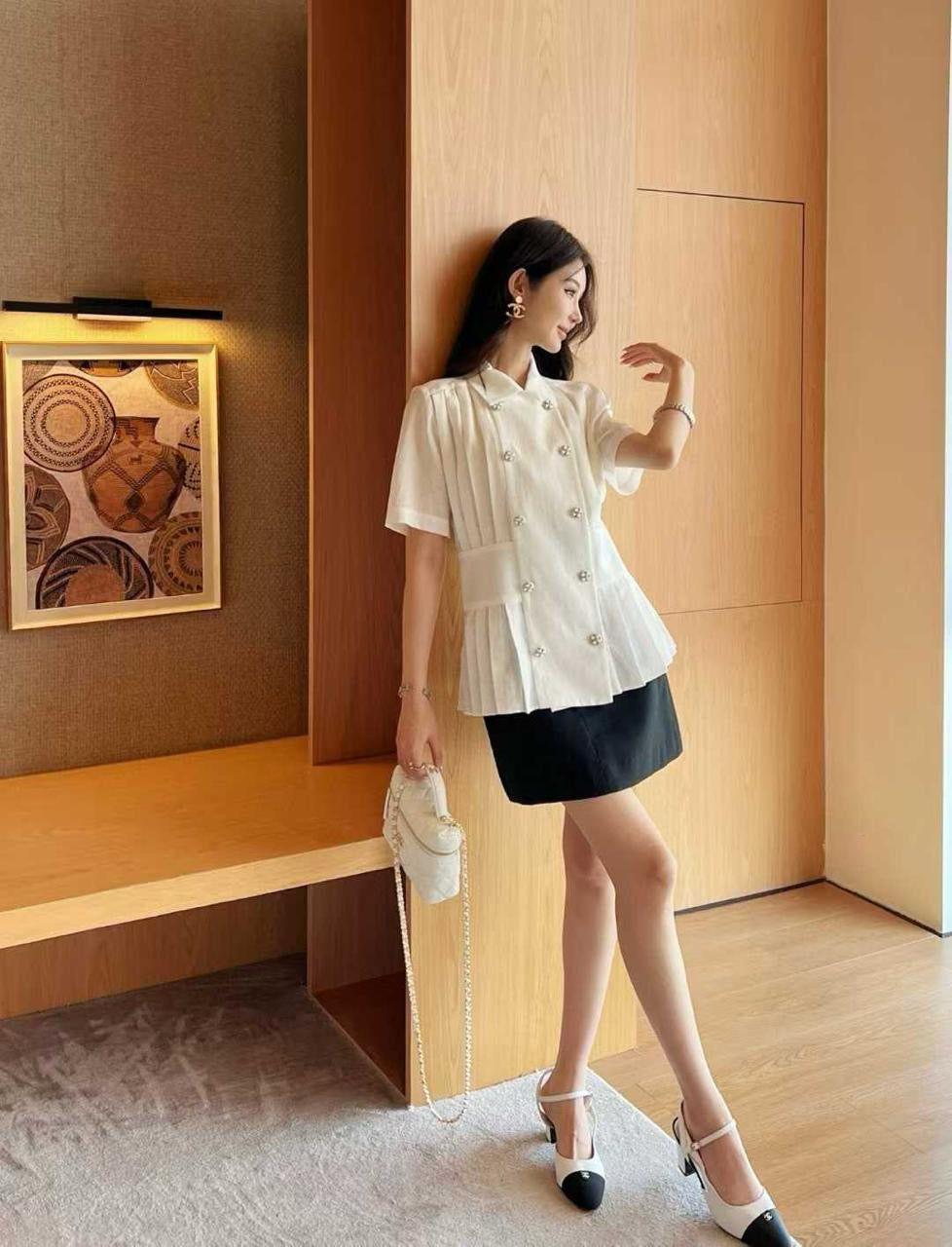 Chanel - Chemise à bouton Rose Pâle/Blanc