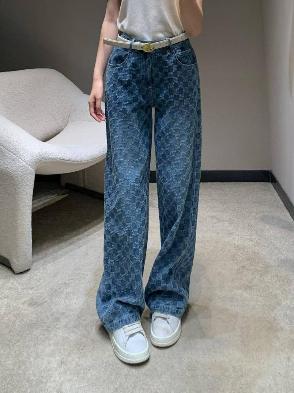 Celine - Jean à motifs en damier Bleu