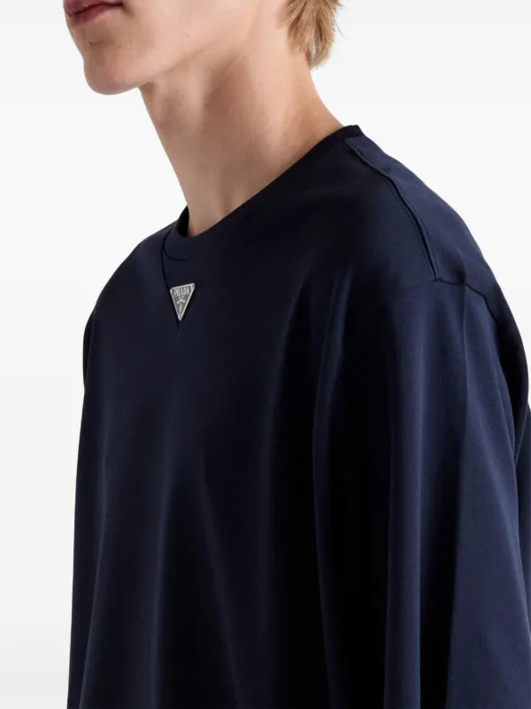 Prada - T-shirt en coton à logo émaillé Bleu Marine