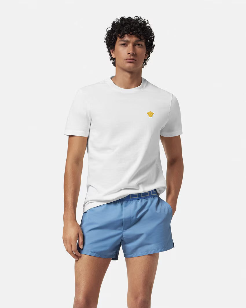 Versace - Short de bain à bordure Greca Bleu Clair