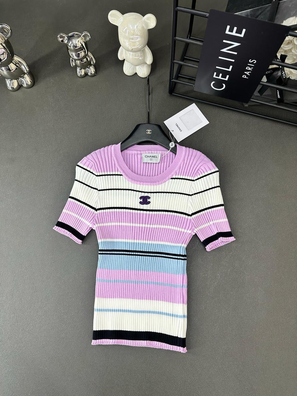 Chanel - T-shirt à rayure Rose / Bleu Marine