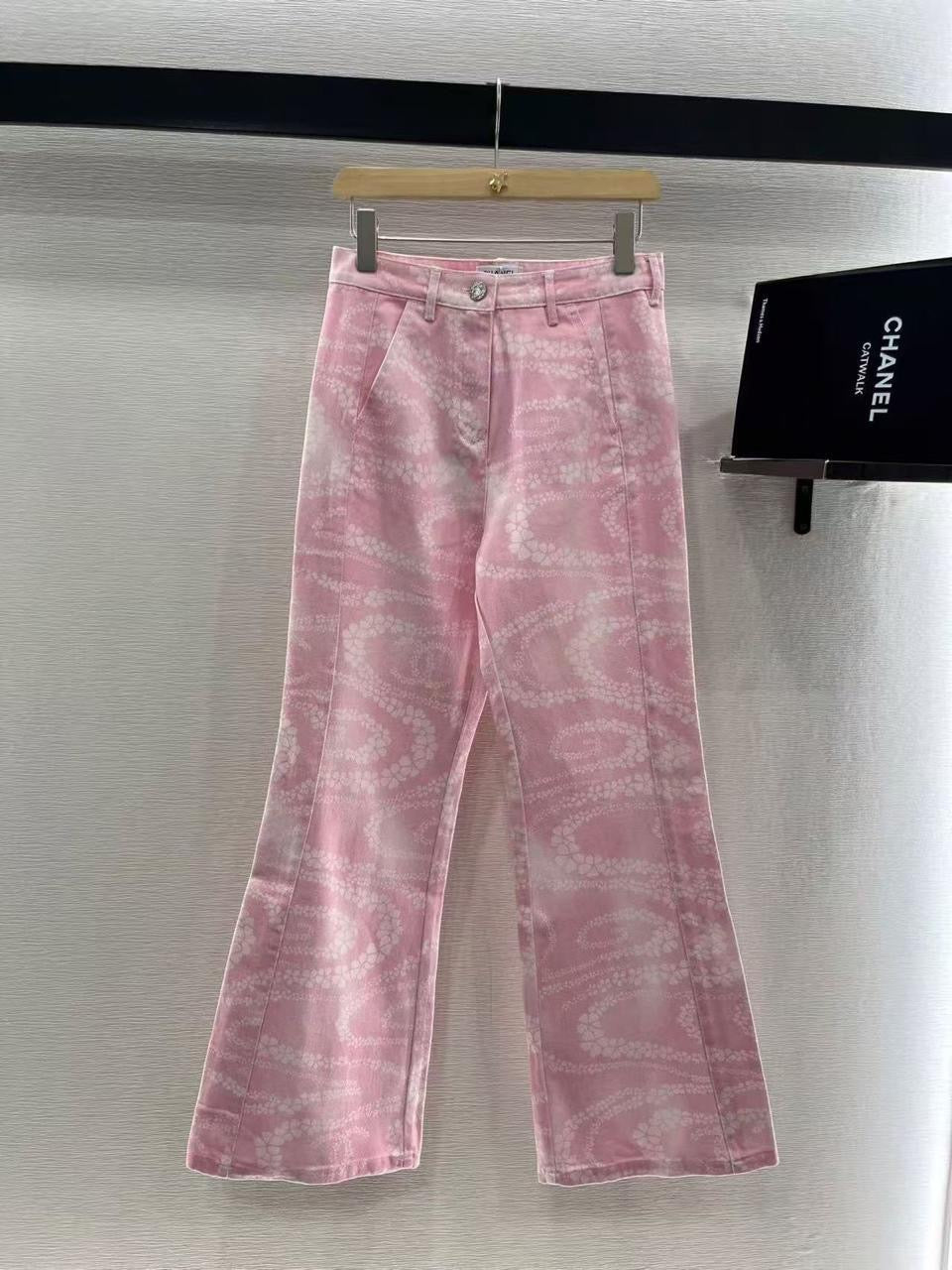 Chanel - Pantalon motifs spirale et floraux Blanc/Rose/Gris