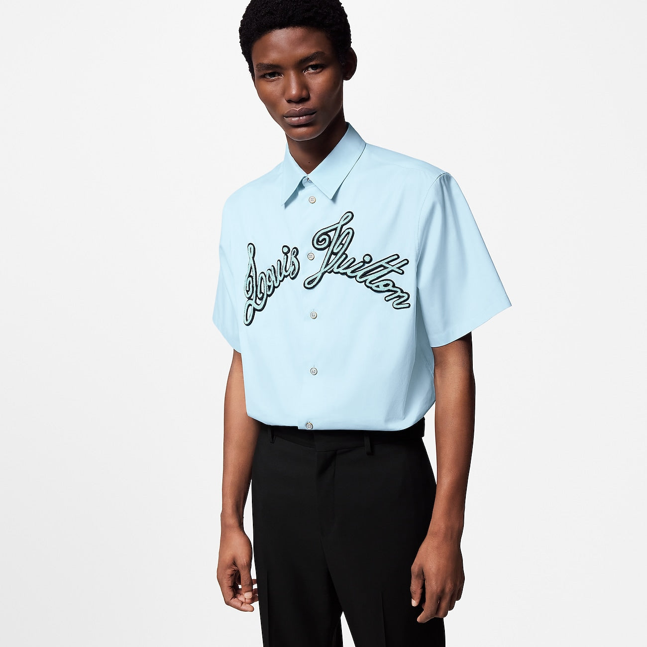 Louis Vuitton - Chemise manches courtes brodée en coton Bleu Ciel