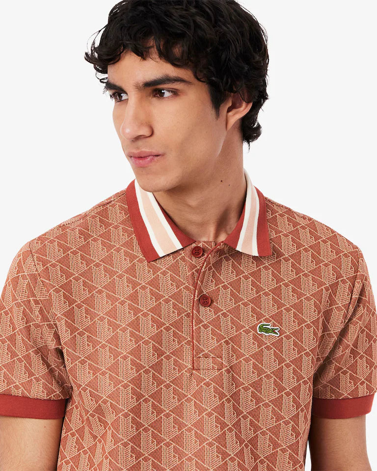 Lacoste - Polo classic fit jacquard monogramme Marron Beige