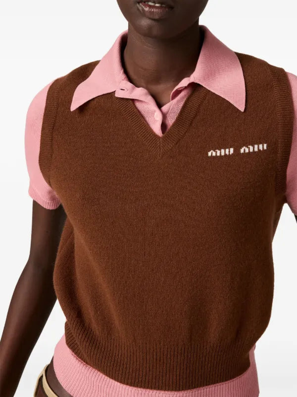 Miu Miu - Polo à logo en intarsia Marron