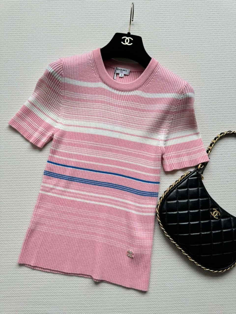 Chanel - T-Shirt à rayure Rose/Blanc/Noir