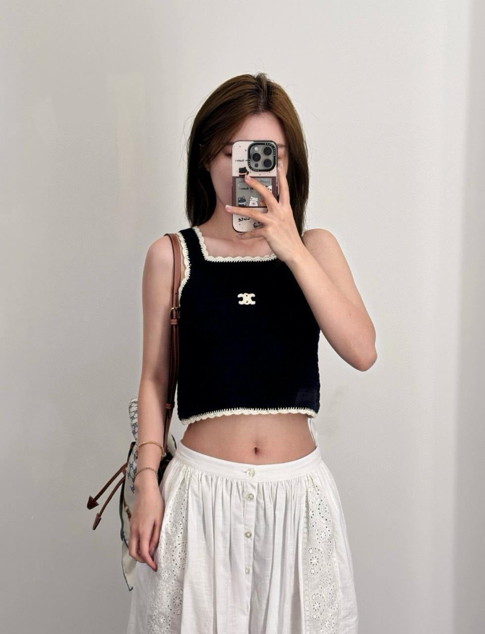 Celine - Top avec logo Celine brodé en blanc Noir