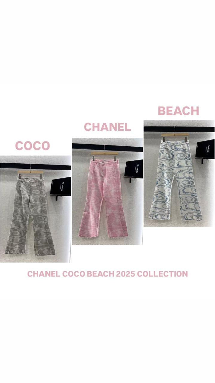 Chanel - Pantalon motifs spirale et floraux Blanc/Rose/Gris