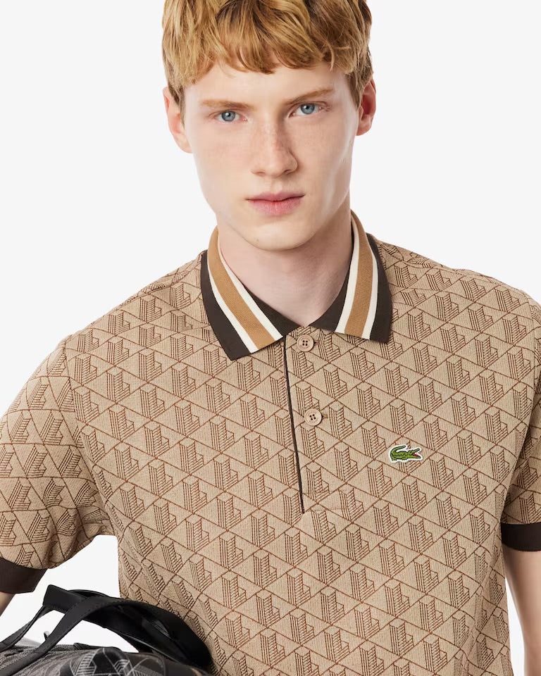 Lacoste - Polo classic fit jacquard monogramme Beige Marron