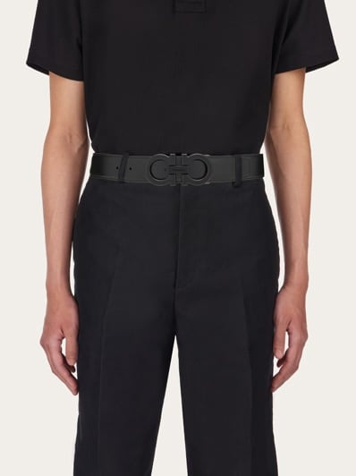 Ferragamo - Ceinture Réversible et Ajustable Gancini Noir / Bleu Marine