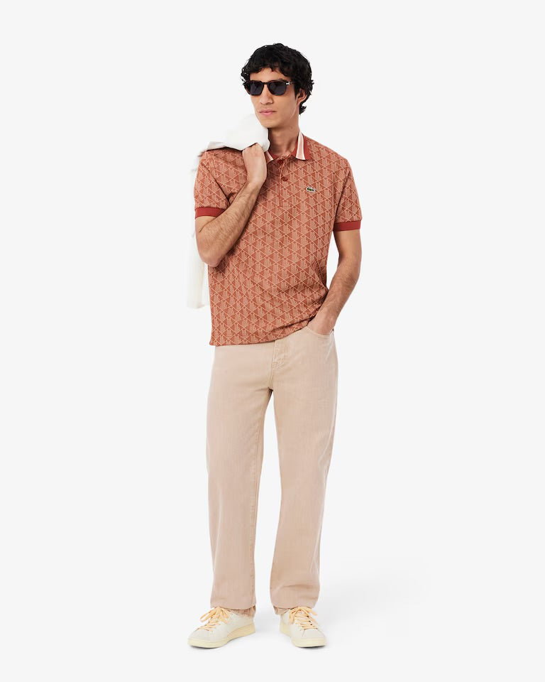 Lacoste - Polo classic fit jacquard monogramme Marron Beige