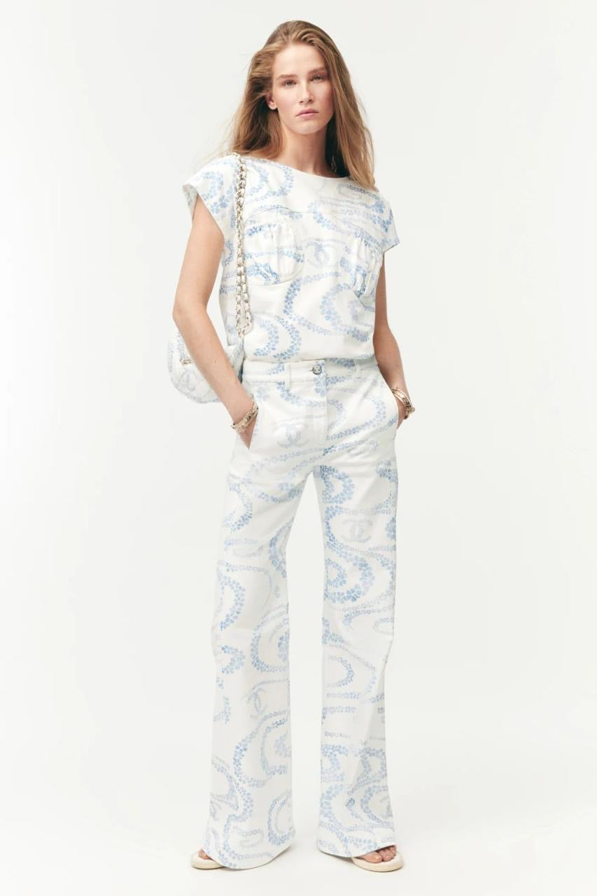 Chanel - Pantalon motifs spirale et floraux Blanc/Rose/Gris