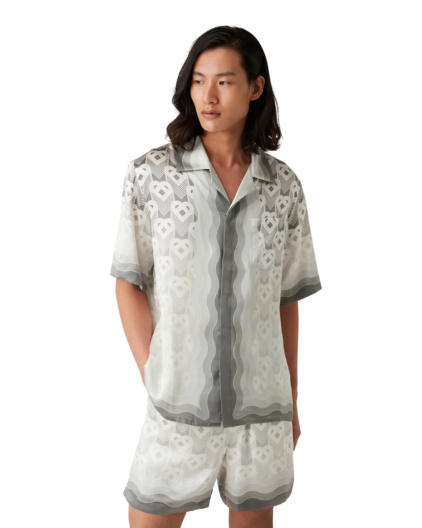 Gradient Heart Monogram Short Sleeve Silk Shirt