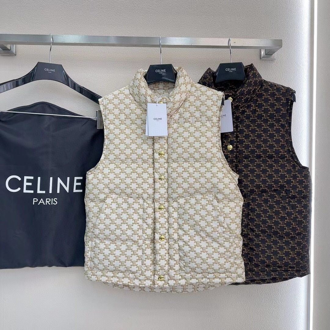 Celine - Doudoune sans manche avec logo monogramme CC Blanc/Marron