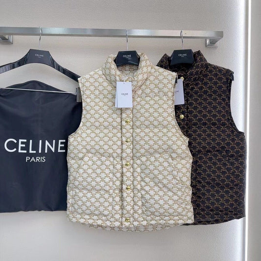 Celine - Doudoune sans manche avec logo monogramme CC Blanc/Marron