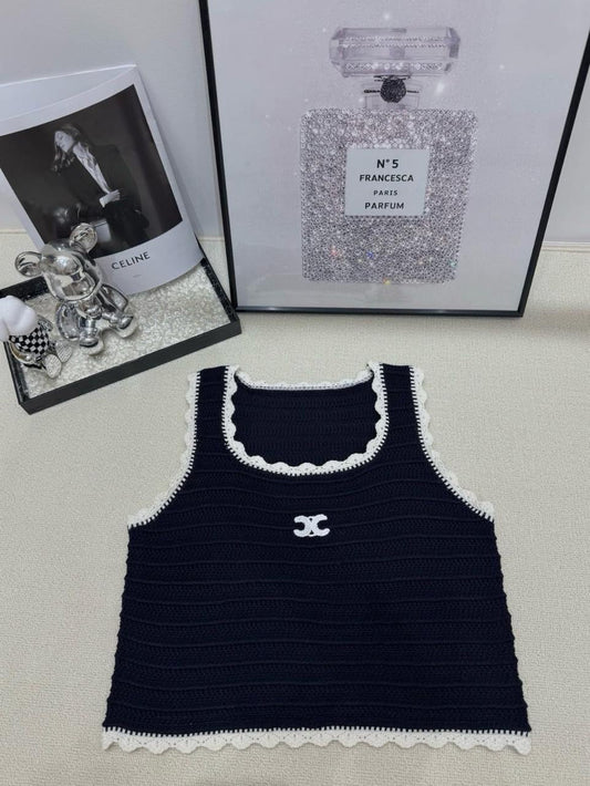 Celine - Top avec logo Celine brodé en blanc Noir