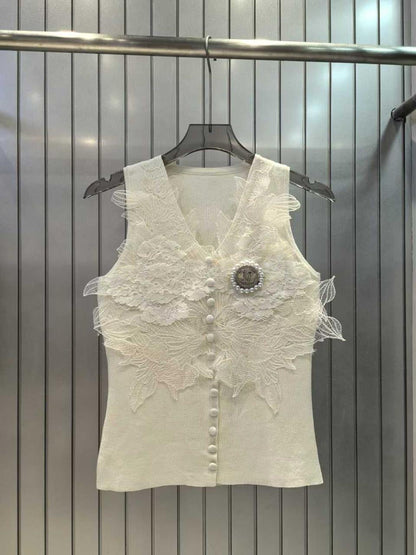 Chanel - T-Shirt avec logo et perles Blanc/Noir