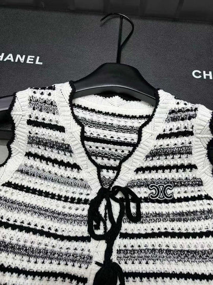 Celine - T-Shirt en maille crocheté avec rayure Noir et Blanc