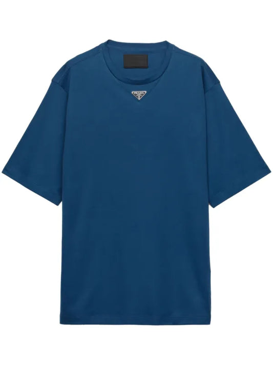Prada - T-shirt en coton à logo triangulaire Bleu