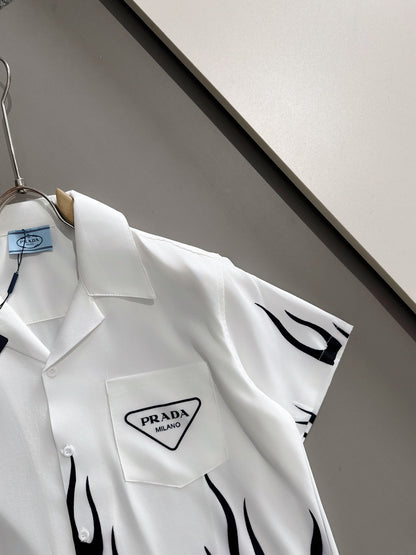 Prada - Chemise en soie Prada Flammes Stylisées Blanc
