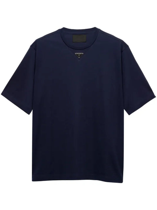 Prada - T-shirt en coton à logo émaillé Bleu Marine