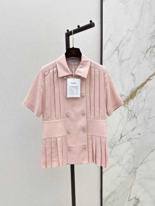 Chanel - Chemise à bouton Rose Pâle/Blanc