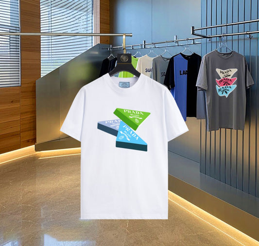 Prada - T-shirt Prada en coton Triangles Colorés Blanc