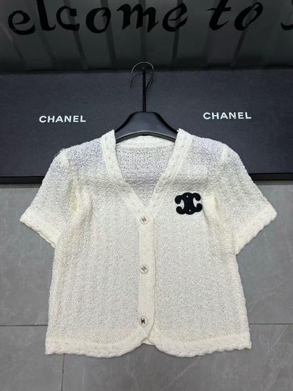 Celine - T-shirt à bouton orné du logo CC Bleu Marine/Blanc