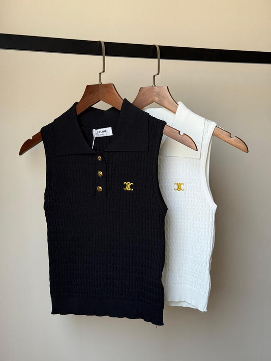 Celine - T-Shirt à boutons avec logo Celine Doré Noir/Blanc