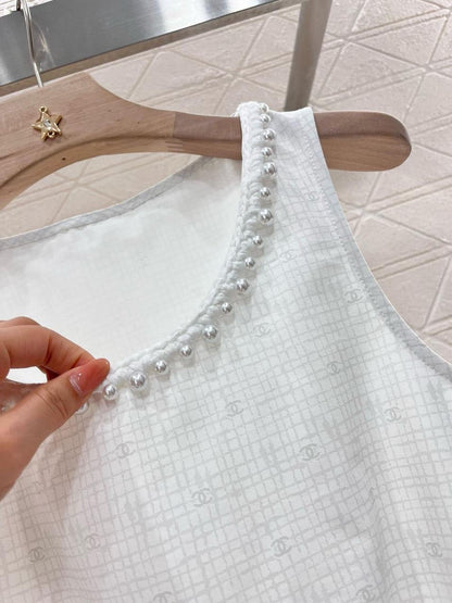 Chanel - Top a bretelle avec perles Blanc