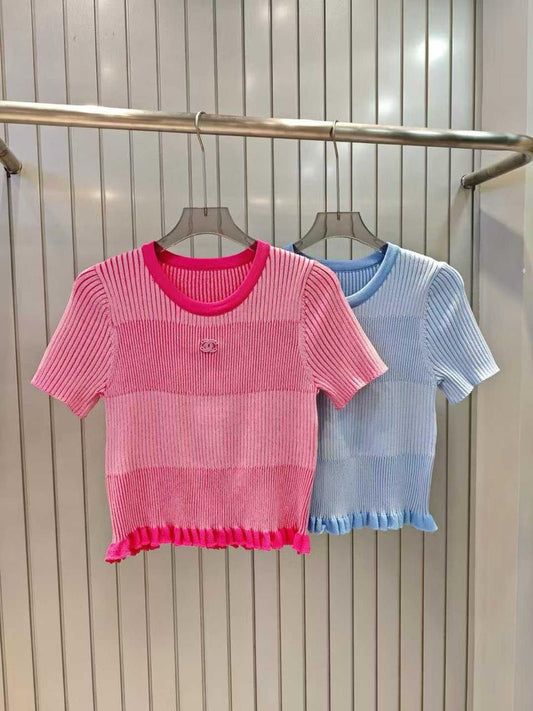 Chanel - T-Shirt avec rayure et logo Rose/Bleu