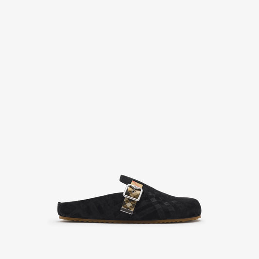 Burberry - Sabots Urchin en cuir velours Check Noir