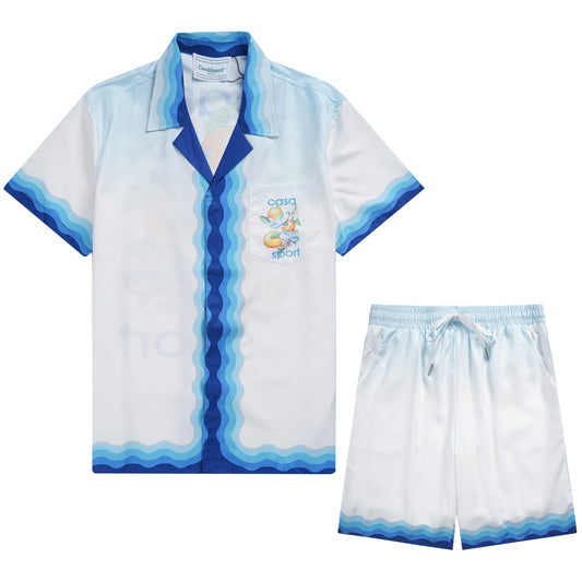Ensemble Casablanca Blanc / Bleu Motifs Ondulés