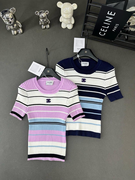 Chanel - T-shirt à rayure Rose / Bleu Marine
