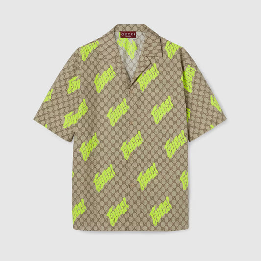 Gucci - Chemise de Bowling en twill de soie imprimé Beige/Marron/Vert clair