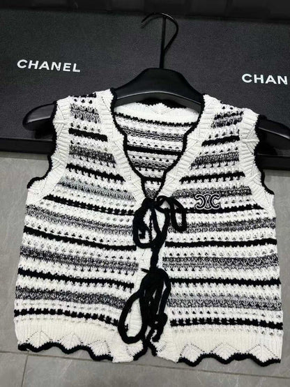 Celine - T-Shirt en maille crocheté avec rayure Noir et Blanc
